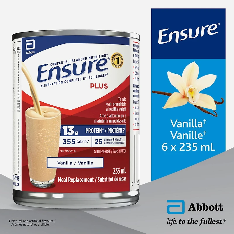 Ensure Plus, substitut de repas, alimentation complète et équilibrée, vanille, 12 boîtes de 235 mL