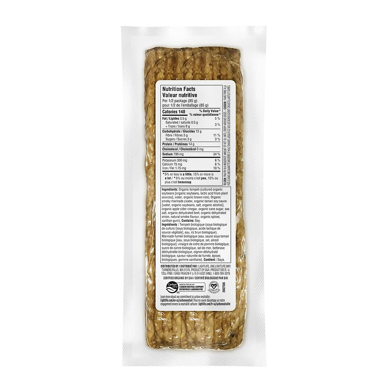 Lanières de bacon tempeh fumé biologique à base végétale Lightlife 170g