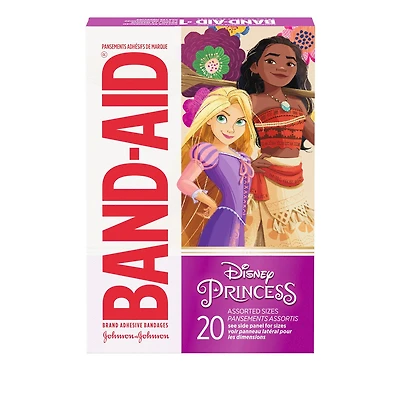 Pansements adhésifs stériles de premiers soins pour enfants Band-Aid à motifs de Princesses Disney, Recommandés par les médecins, 2 dimensions 20 pansements
