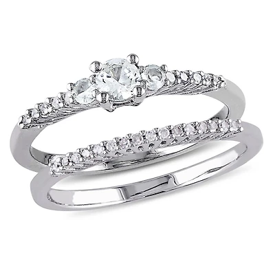 Miabella 1/3 Carat T.G.W. Created White Sapphire and 1/10 Carat T.W. Diamond Sterling Silver Three-Stone Bridal Ring Set