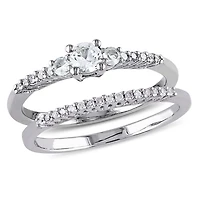 Miabella 1/3 Carat T.G.W. Created White Sapphire and 1/10 Carat T.W. Diamond Sterling Silver Three-Stone Bridal Ring Set