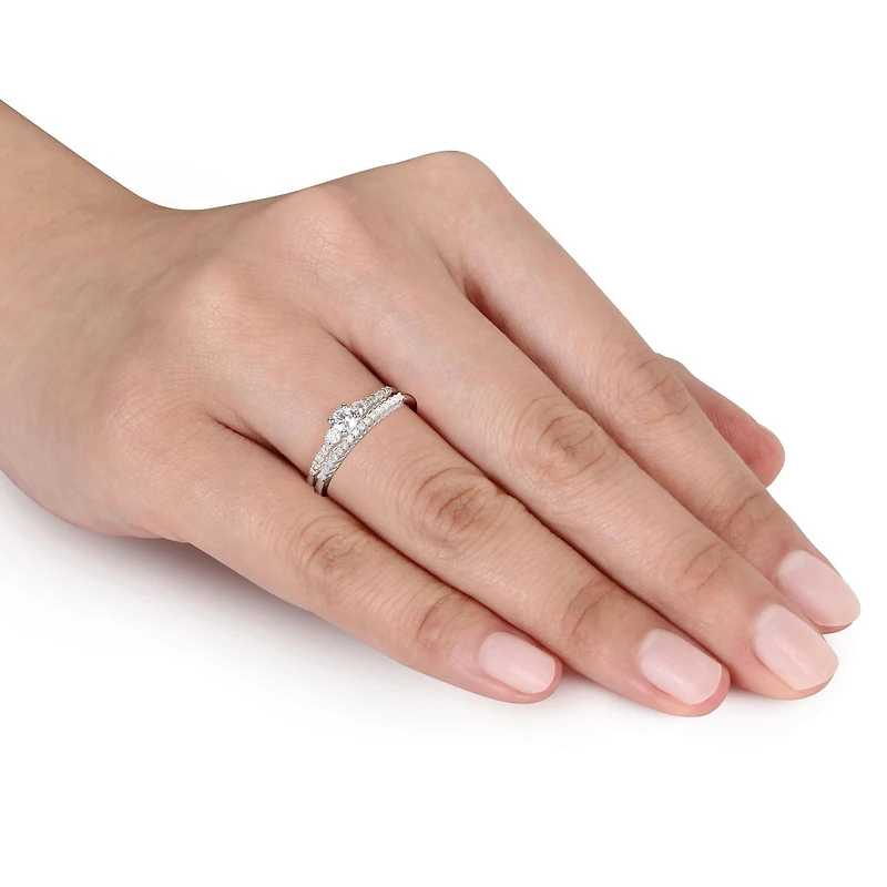 Miabella 1/3 Carat T.G.W. Created White Sapphire and 1/10 Carat T.W. Diamond Sterling Silver Three-Stone Bridal Ring Set