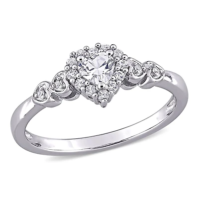 Miabella Bague de promesse en forme de cœur en argent sterling avec saphir blanc créé de 3/8 carats et accent de diamants
