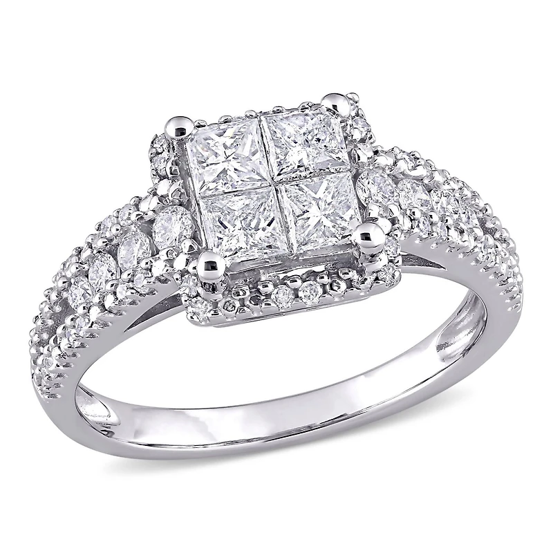 Miabella Bague de fiançailles a centre halo quad de coupe princesse en or blanc 10K avec diamant de 1 carat P.T.