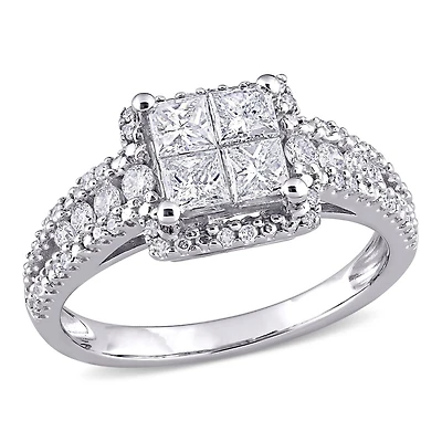Miabella Bague de fiançailles a centre halo quad de coupe princesse en or blanc 10K avec diamant de 1 carat P.T.