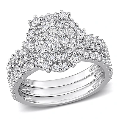 Miabella Bague de mariage 3 pièces a double halo en or blanc 10K avec diamants de 1-1/2 carat P.T.