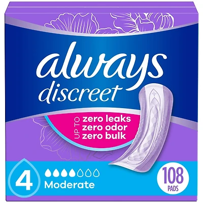 Always Discreet Adult Incontinence Pads for Women, Moderate Absorbency, Regular Length, Postpartum Pads, 108CT