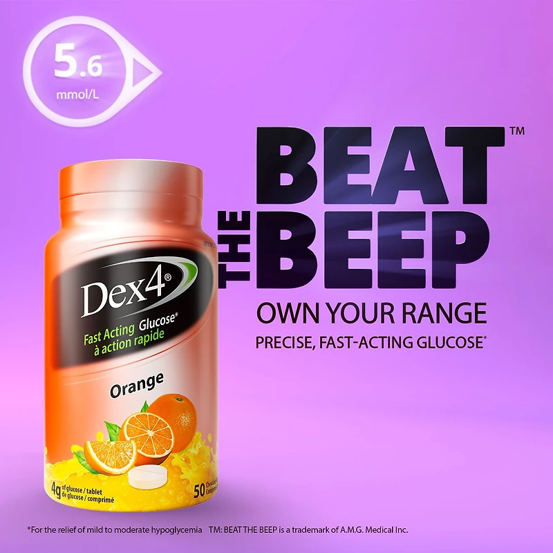 Dex4 Comprimés de Glucose – Saveur Orange – 50 Comprimés par Bouteille – Action Rapide, Pré-dosés – Sans Gras, Sans Gluten, Sans Sodium
