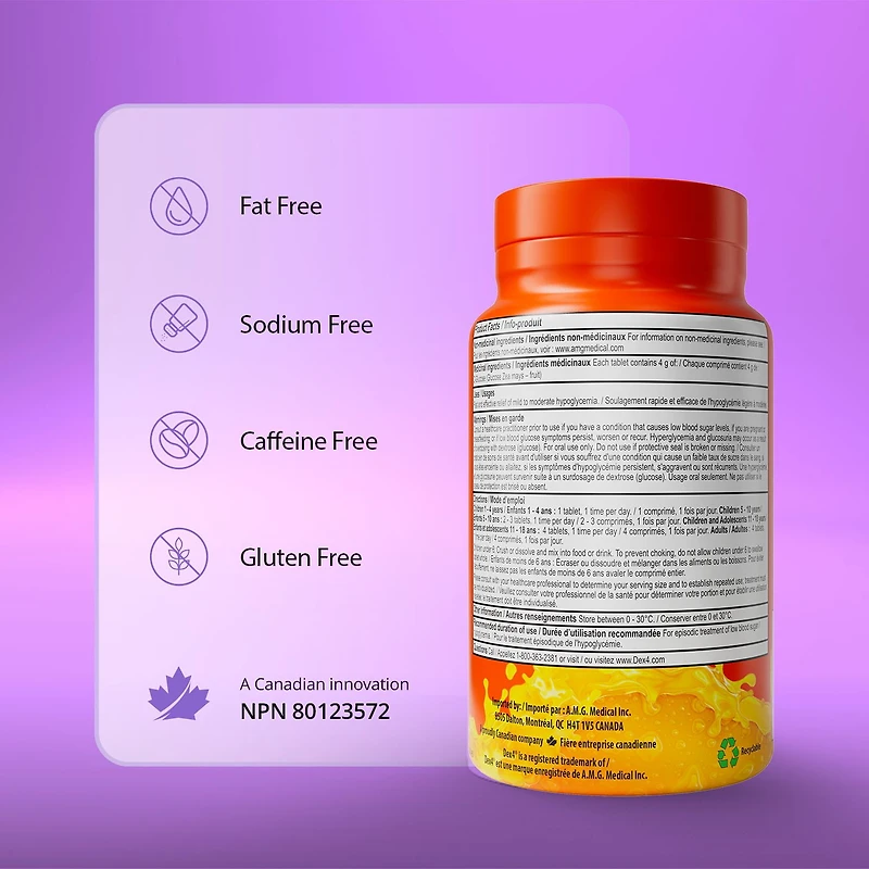 Dex4 Comprimés de Glucose – Saveur Orange – 50 Comprimés par Bouteille – Action Rapide, Pré-dosés – Sans Gras, Sans Gluten, Sans Sodium