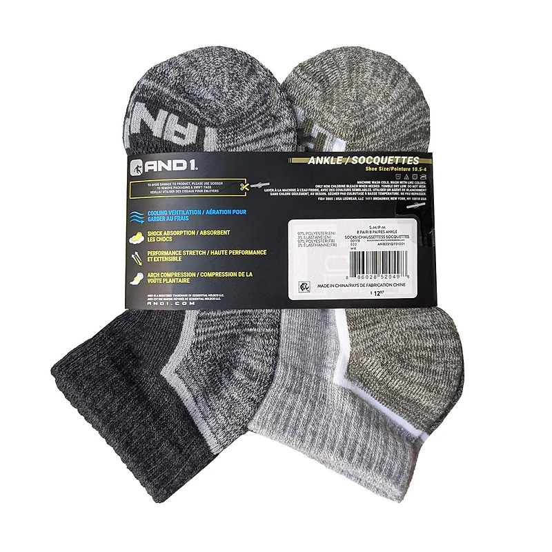 AND1 Boys' Ankle Socks 8-Pack, Size S-M