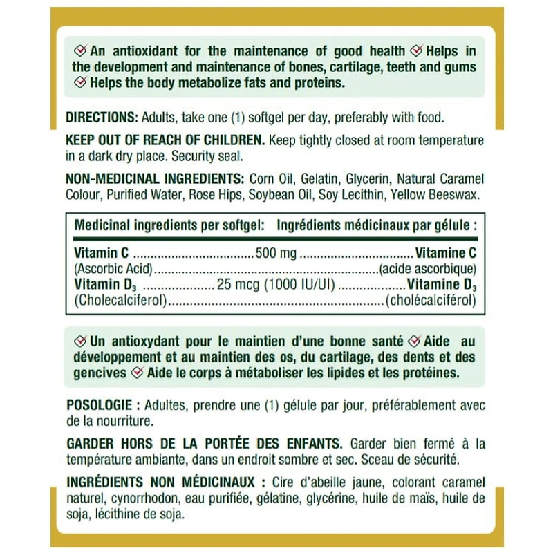 NATURE'S BOUNTY Soutient la fonction immunitaire, antioxydants, développement et maintien des os, du cartilage, des dents et des gencives, aide à métaboliser les nutriments, gélules 100 paquet