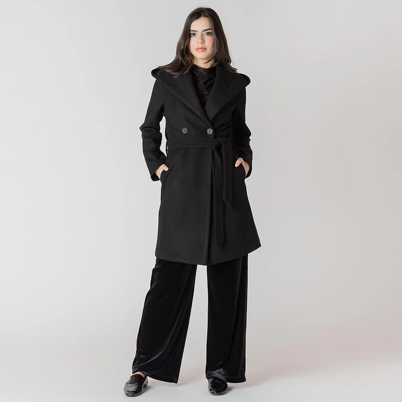 Devoted hooded long sleeve A-line jacket with a belt