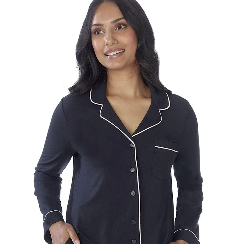 Secret Sleep Long Sleeve Button Top with Piping