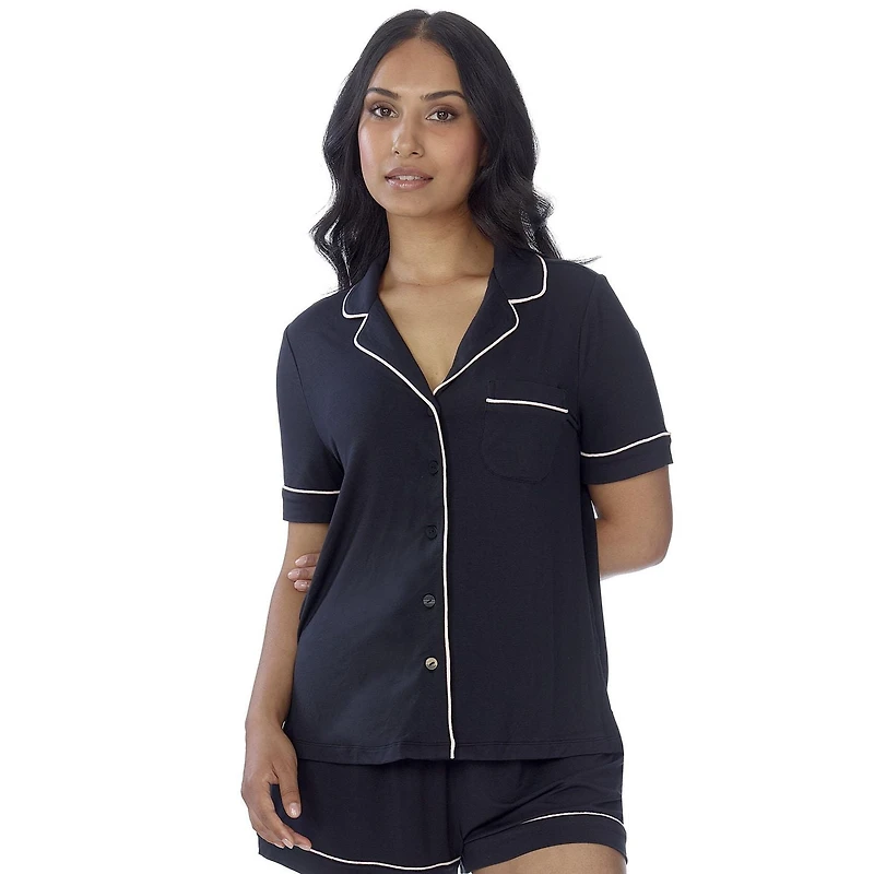 Secret Sleep Short Sleeve Button Top with Piping - Online exclusive