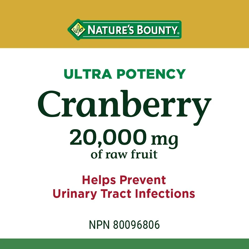 NATURE'S BOUNTY Cranberry, Ultra Potency, 20,000 mg, Helps Prevent Urinary Tract Infections, Helps Support Immune Function, Vegetarian, Capsules 60.0 g, Helps prevent urinary tract infections