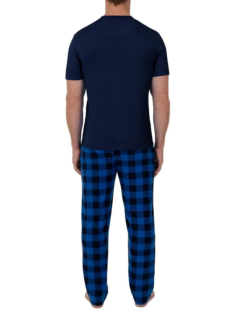 Fruit of the Loom Men's Sleep Set Crew Neck Top and Fleece Pant 2 Piece Pajama Set Blue