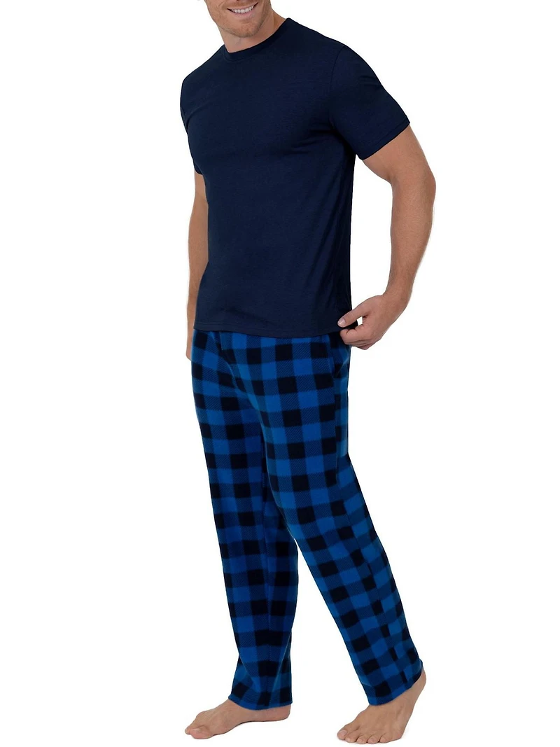 Fruit of the Loom Men's Sleep Set Crew Neck Top and Fleece Pant 2 Piece Pajama Set Blue