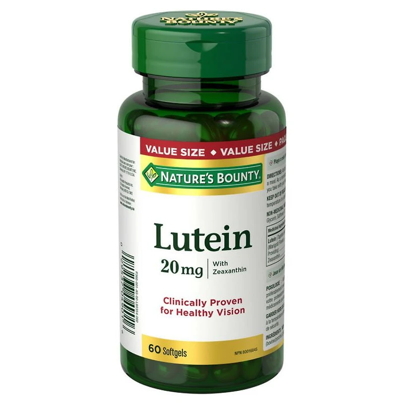 NATURE'S BOUNTY Lutéine, aide à soutenir la santé des yeux en cas de cataracte et dégénérescence maculaire liée à l’âge, à réduire le risque de cataracte et à améliorer la densité optique du pigment maculaire, format économique 60 paquet 60 gélules