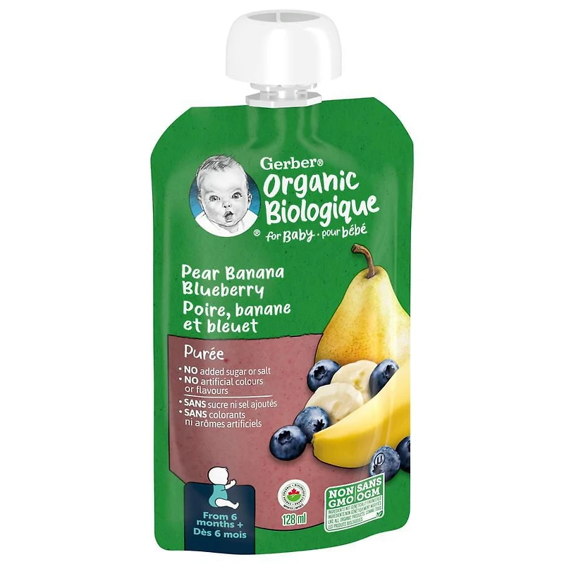 Purée GERBER Biologique Poire Banane Bleuet pour bébés 128 mL