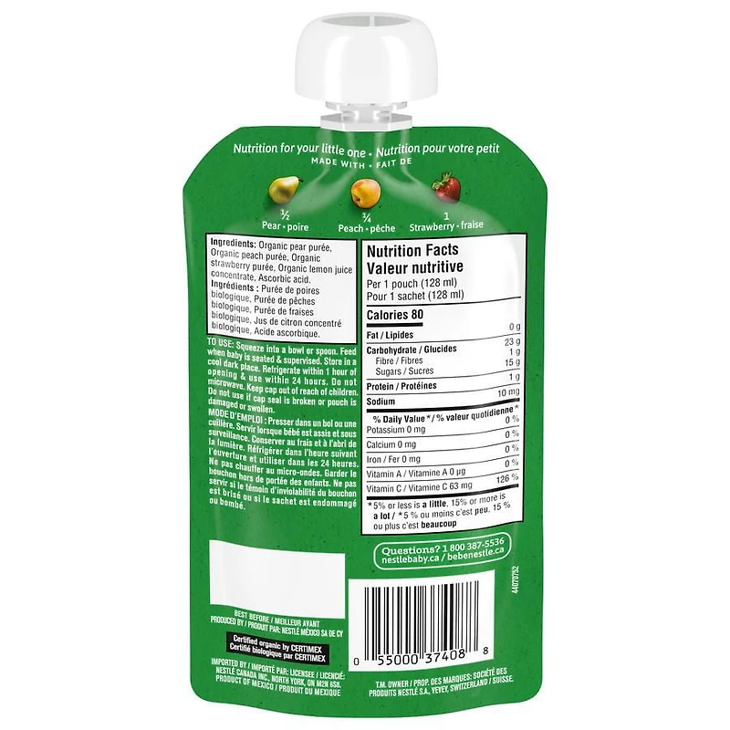 Purée GERBER® Biologique Poire Pêche Fraise, aliment pour bébé 128 mL