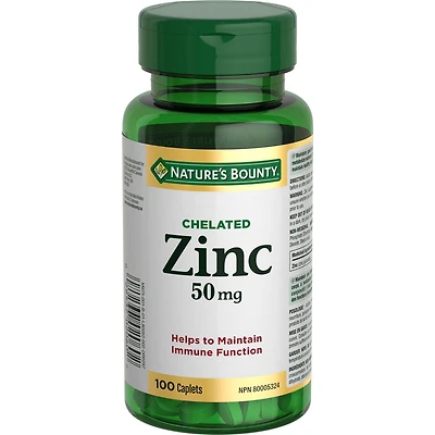 NATURE'S BOUNTY Zinc, 50 mg, soutien de la fonction immunitaire, aide à métaboliser les nutriments, aide à la formation des tissus, pour une bonne santé et une peau saine, caplets 100 paquet