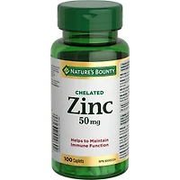 NATURE'S BOUNTY Zinc, 50 mg, soutien de la fonction immunitaire, aide à métaboliser les nutriments, aide à la formation des tissus, pour une bonne santé et une peau saine, caplets 100 paquet