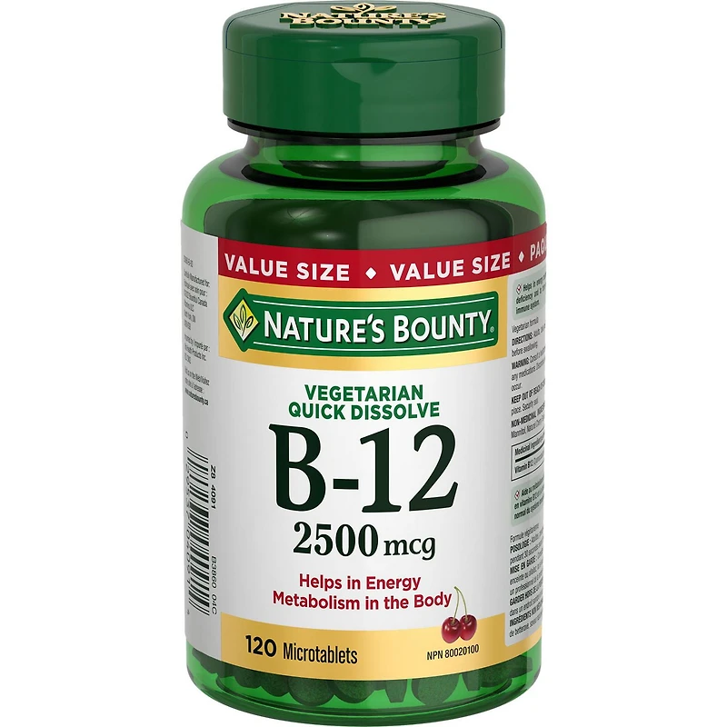 NATURE'S BOUNTY Vitamin B-12 Supplement, 2500 mcg, Quick Dissolve Tablets, Natural Cherry Flavour, Helps In Energy Metabolism, Essential In Normal Formation Of Blood Cells, 120 Tablets 120.0 count, 120 Microtablets