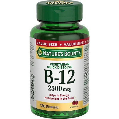 NATURE'S BOUNTY Vitamine B-12, 2 500 mcg, comprimés à dissolution rapide, arôme naturel de cerise, aide au métabolisme énergétique, essentiel à la formation normale des cellules sanguines, 120 comprimés 120 paquet 120 Micro-comprimés