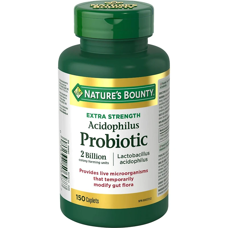 NATURE'S BOUNTY Extra Strength Acidophilus Probiotic, Lactobacillus Acidophilus, Temporarily Modifies Gut Flora, Live Microorganisms, 2 Billion Colony Forming Units,150 Caplets 150.0 count, 150 Caplets
