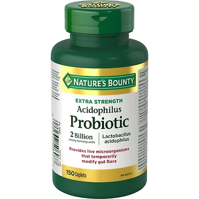 NATURE'S BOUNTY Extra Strength Acidophilus Probiotic, Lactobacillus Acidophilus, Temporarily Modifies Gut Flora, Live Microorganisms, 2 Billion Colony Forming Units,150 Caplets 150.0 count, 150 Caplets