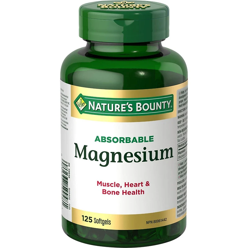 NATURE'S BOUNTY Magnesium, Absorbable, 400 mg, Helps Maintain Electrolyte Balance, Helps Development & Maintenance of Bones, Teeth & Muscle Function, Helps Heart Muscle Function, 125 Softgels 125.0 count, 125 Softgels