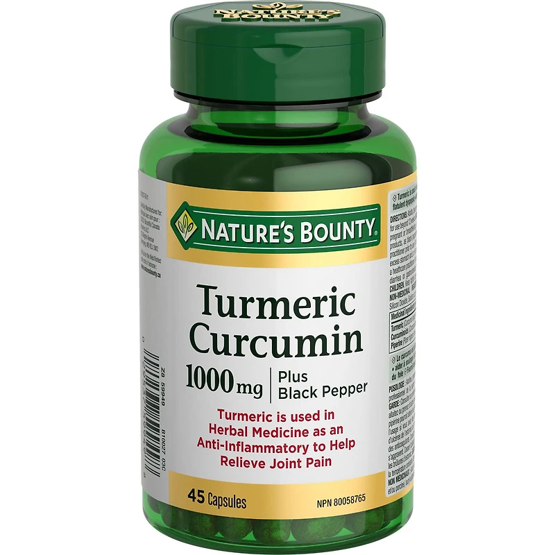 NATURE'S BOUNTY Curcumine du curcuma avec poivre noir, 1 000 mg, anti-inflammatoire pour les douleurs articulaires, aide à la digestion, antioxydant, capsules 45 paquet 45 gélules