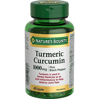 NATURE'S BOUNTY Curcumine du curcuma avec poivre noir, 1 000 mg, anti-inflammatoire pour les douleurs articulaires, aide à la digestion, antioxydant, capsules 45 paquet 45 gélules