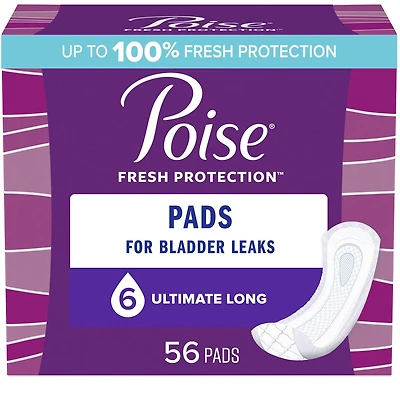 Poise Incontinence Pads for Women, 6 Drop, Ultimate Absorbency, Long, 56Ct, 56 Count