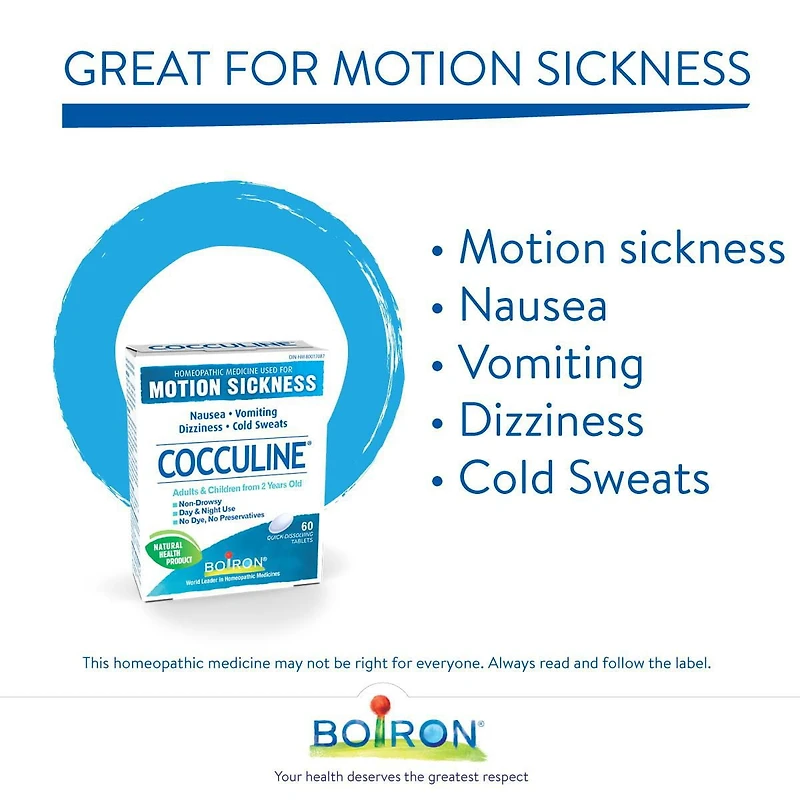 Boiron Cocculine Motion Sickness Homeopathic Medicine, Nausea Homeopathic Medicine, For adults and children from 2 years old