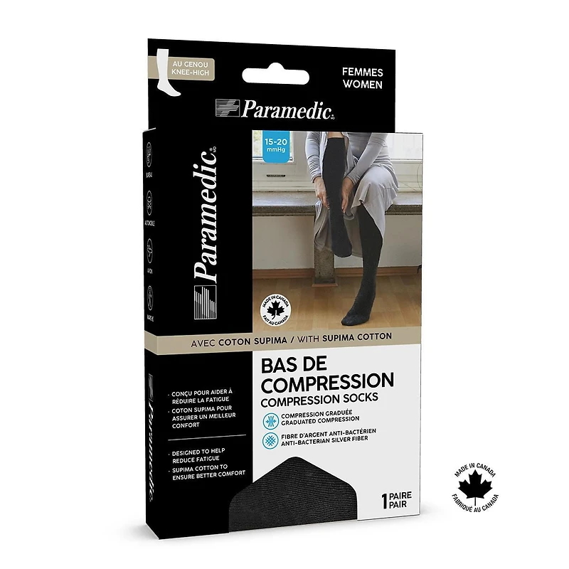 Bas compression Premium Paramedic 15-20 mmHg femme noir (1 paire) - Large Bas de compression Paramedic pour femmes - Style élégant Premium de coton, jusqu'au genou, 15-20 mmHg