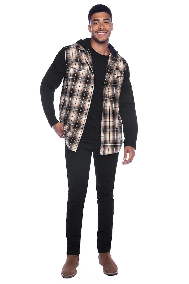 Jeaniologie™ — Chemise à capuche pour hommes en flanelle, manches en jersey