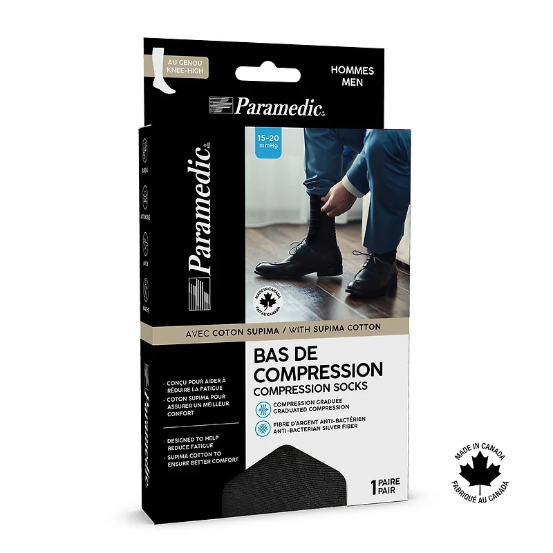 Paramedic Premium Compression Socks 15-20 mmHg Men Black (1 Pair) - Large, Paramedic Compression Socks for Men - Stylish Knee-High Premium Cotton, 15-20 mmHg