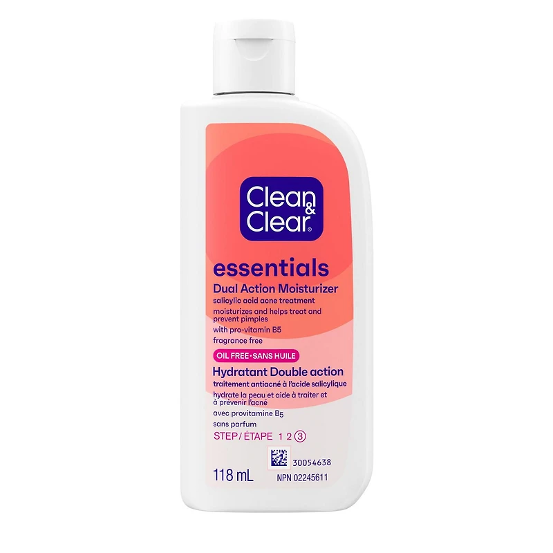 Clean & Clear Essentials Dual Action Moisturizer, Oil-Free, Salicylic Acid Acne Treatment with Pro-Vitamin B5 Moisturizes While Helping to Treat Acne & Prevent Pimples, 118 mL