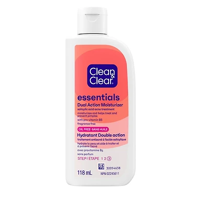 Clean & Clear Essentials Dual Action Moisturizer, Oil-Free, Salicylic Acid Acne Treatment with Pro-Vitamin B5 Moisturizes While Helping to Treat Acne & Prevent Pimples, 118 mL