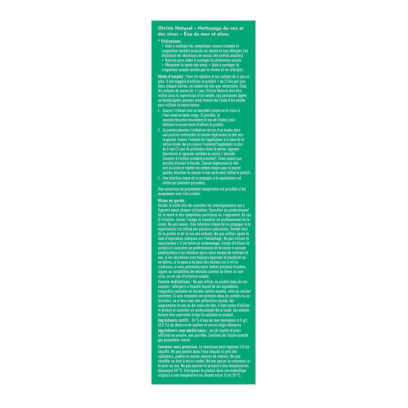 Soins d'hydratation nasale, solution saline de Otrivin, eau de mer avec aloès