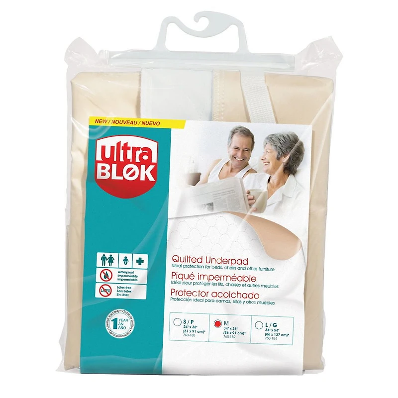 UltraBlok Reusable Incontinence Underpad For Bed + Furniture Protection, White, Medium 34" x 36", EA