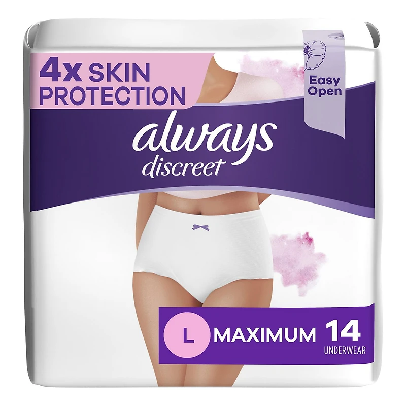Culottes pour peau sensible Always Discreet, taille G, degré d’absorption maximal, quatre fois plus de douceur pour protéger la peau, testées sous contrôle dermatologique, sans parfum, 14 culottes
