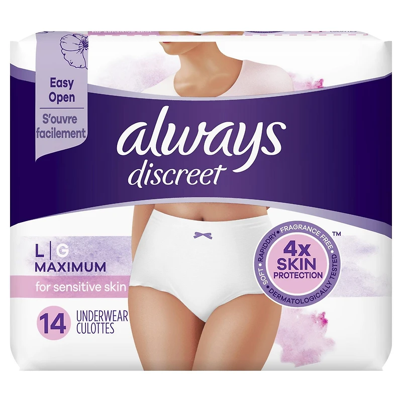 Culottes pour peau sensible Always Discreet, taille G, degré d’absorption maximal, quatre fois plus de douceur pour protéger la peau, testées sous contrôle dermatologique, sans parfum, 14 culottes