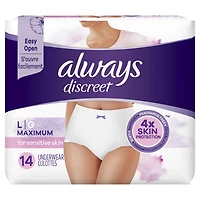 Culottes pour peau sensible Always Discreet, taille G, degré d’absorption maximal, quatre fois plus de douceur pour protéger la peau, testées sous contrôle dermatologique, sans parfum, 14 culottes