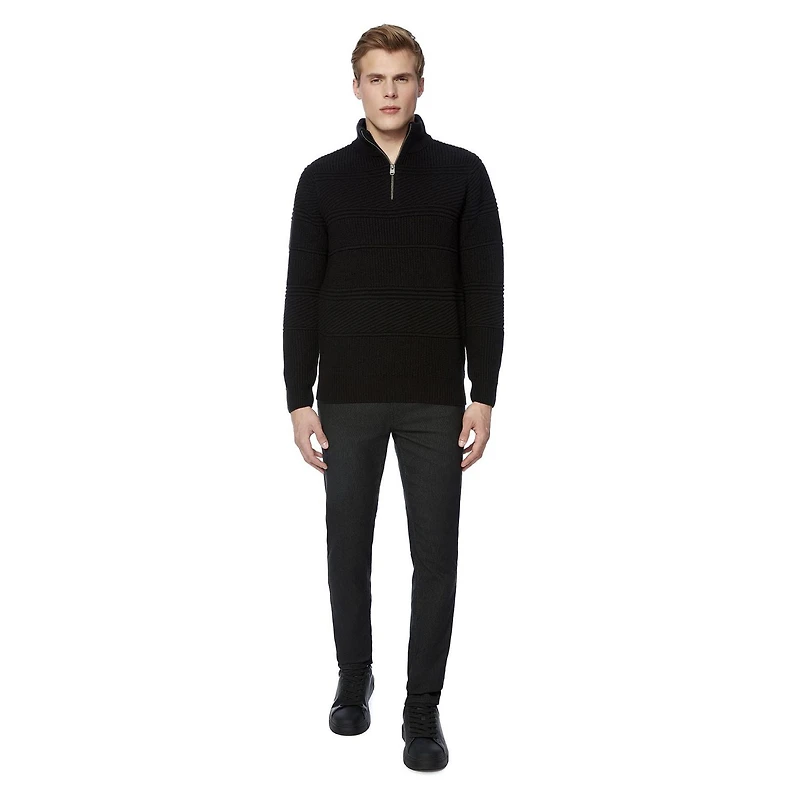 Dark Black Men's Long-Sleeve 1/4 Zip Mock Neck Sweater