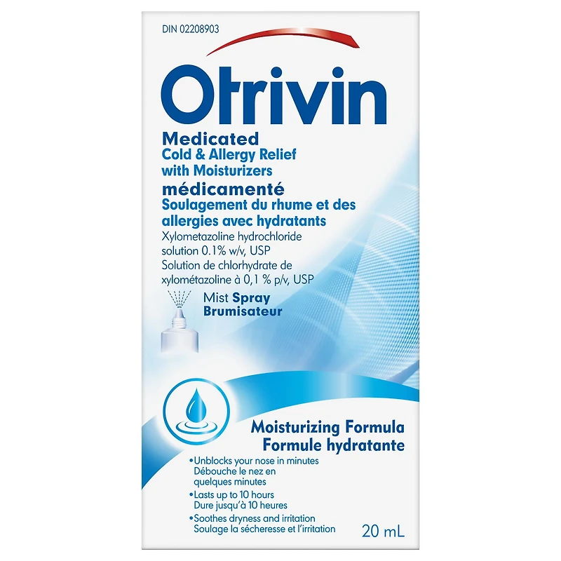 Otrivin Medicated w/Moisturizers Cold & Allergy Relief Nasal Decongestant, 20ml, 20ml Mist Spray