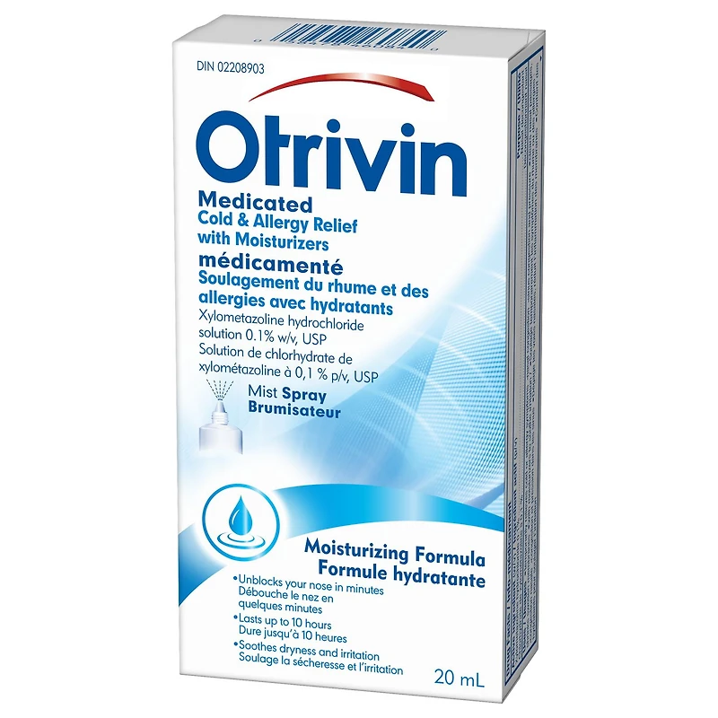 Otrivin Medicated w/Moisturizers Cold & Allergy Relief Nasal Decongestant, 20ml, 20ml Mist Spray
