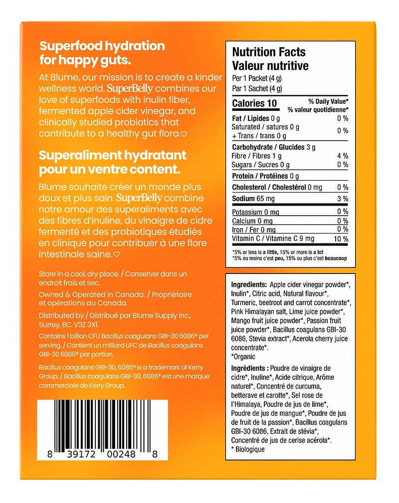 BLUME SuperBelly Gut Health-Building Hydration Powder with Pre/Pro-biotics & Electrolytes - Mango Passionfruit Flavoured, BLM SPRBLY MANG PASS 28g