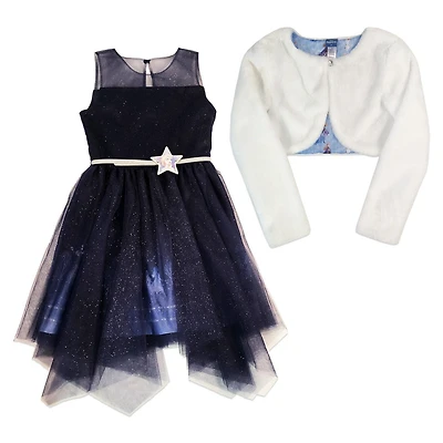 Disney Frozen girls sleeveless dress in glitter tulle mesh with faux fur bolero